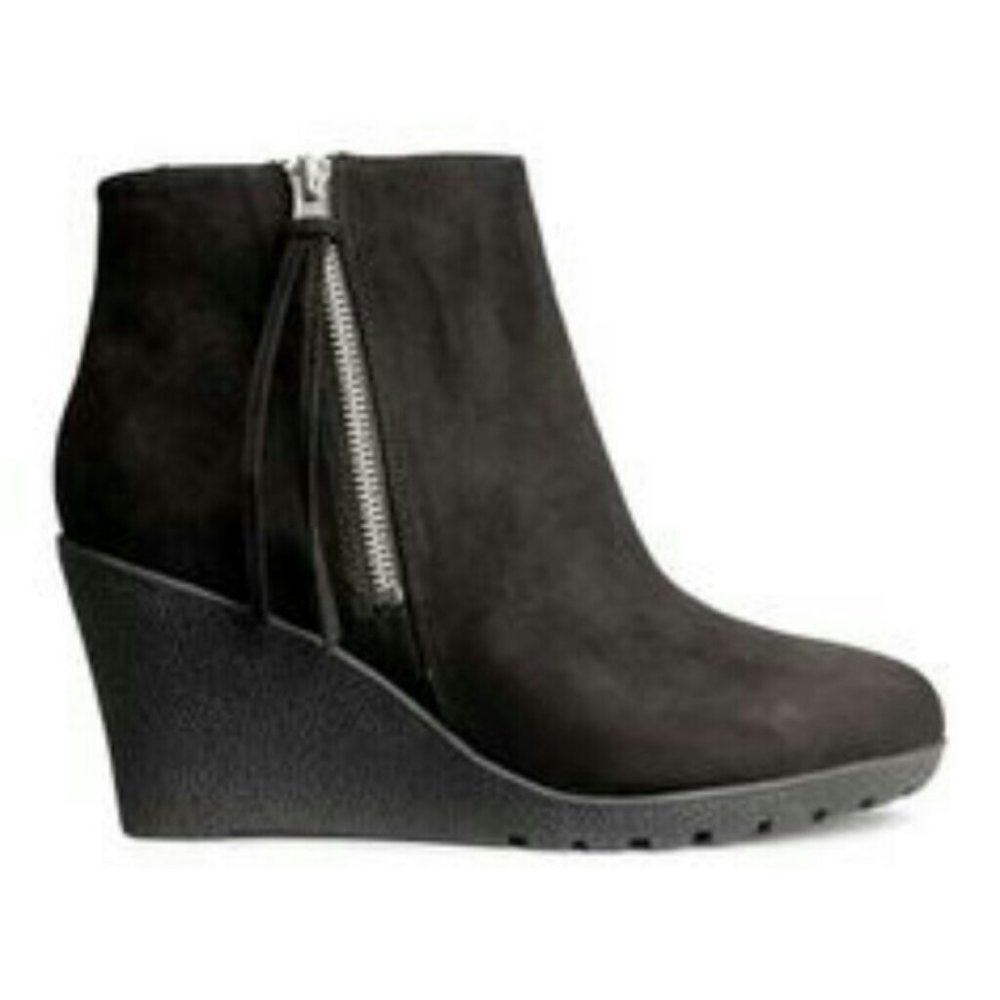 H&M Black Suede Wedge Boots